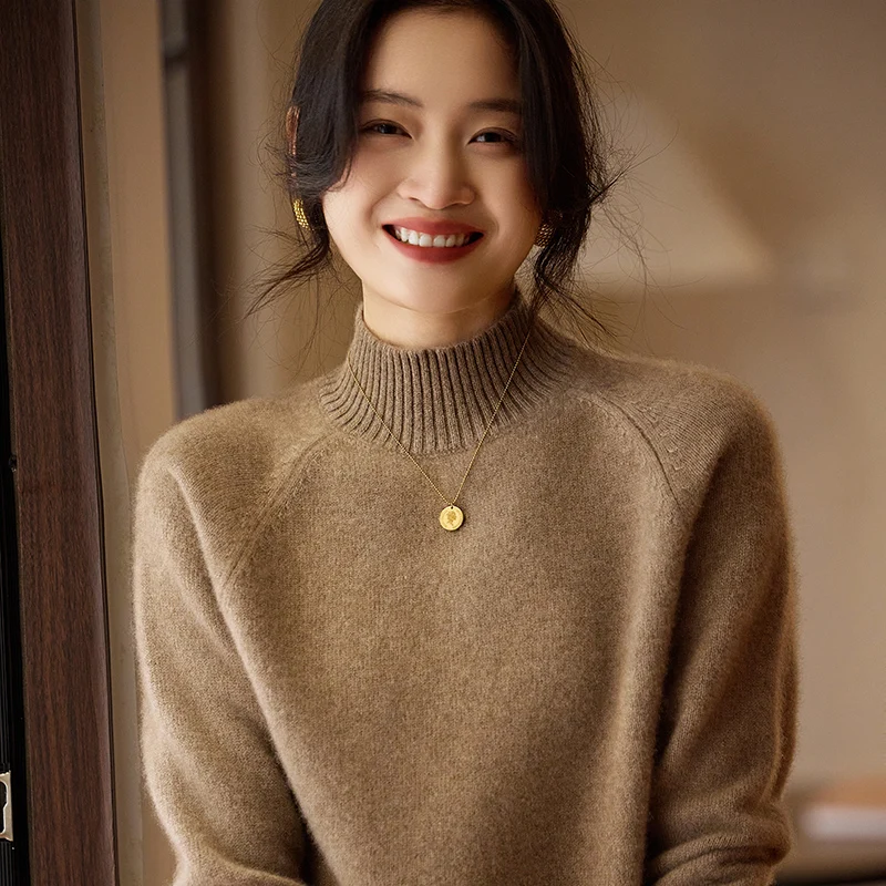 Basic Minimalist Solid Color Mockneck 100% Merino Wool Sweater Cashmere Pullover Long Sleeves Soft Fashion Clothing Top