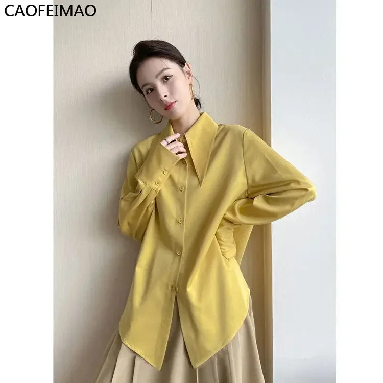 

Fashion Solid Color Lapel Button All-match Korean Shirt Women's Clothing 2025 Autumn New Loose Casual Tops Office Lady Blouse