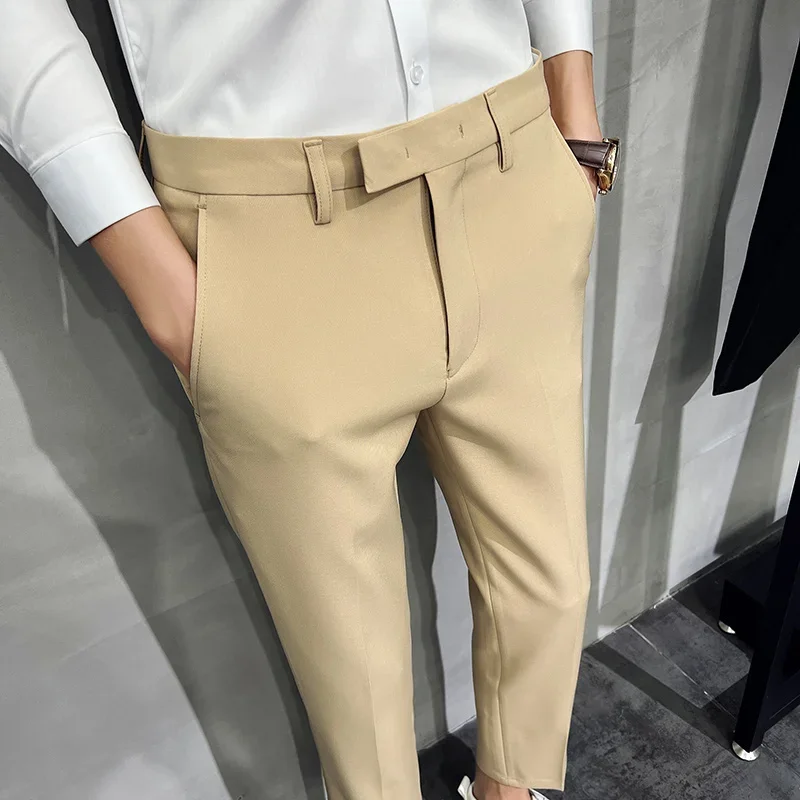 2024 Mens Dress Pants Summer Fashion Dark Green Mens Suit Pants Pure Color Business Slim Fit Dress Office Tight Cropped Trousers