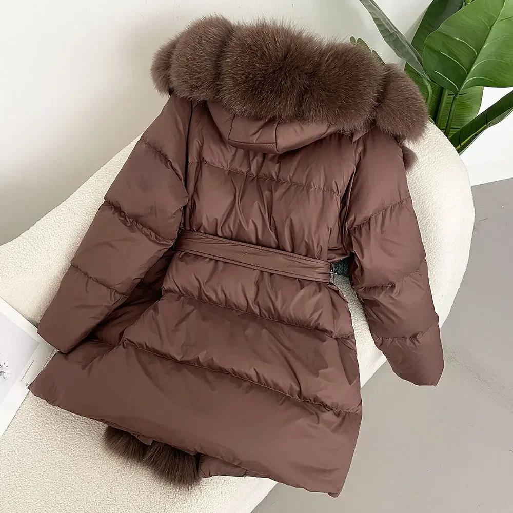 Luxuriöse Winter Frauen Mantel Echte Natürliche Fuchs Pelz Kragen Dicke Warme Jacke Casual Weiße Ente Unten Outwears Mid-länge streetwear