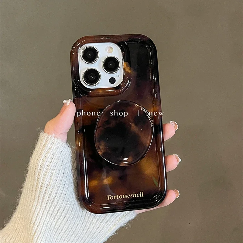 Luxury Amber Tortoiseshell Holder Phone Case For iphone 15 14 12 13 Pro Max 11 INS Korea Girl Soft Cover 2024 New Stylish Shell