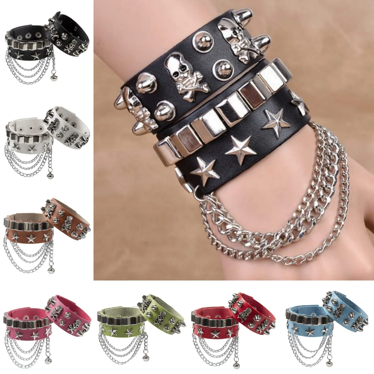 2PCS/Set Emo Goth Punk Bracelets Women Boho Skull Rivets PU Leather Bracelet Metal Chain Ball Tassels Bangles Festival Jewelry