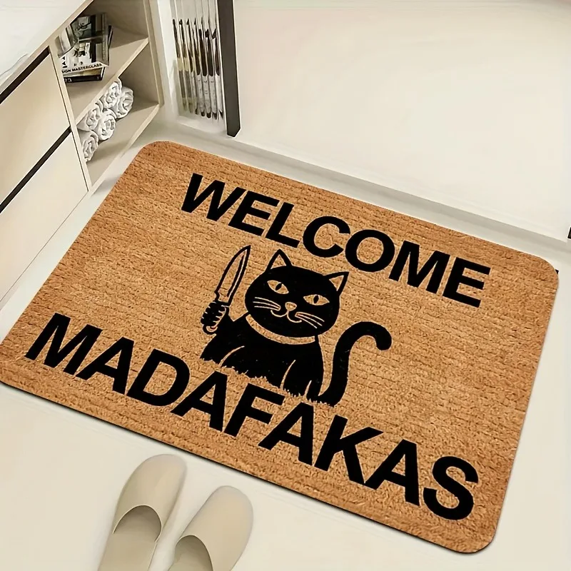 Welcome Madafakas Cat Doormat – Funny Meme-Themed Floor Mat with Angry Cat & Knife Graphic, Humorous Entryway Decor Carpet