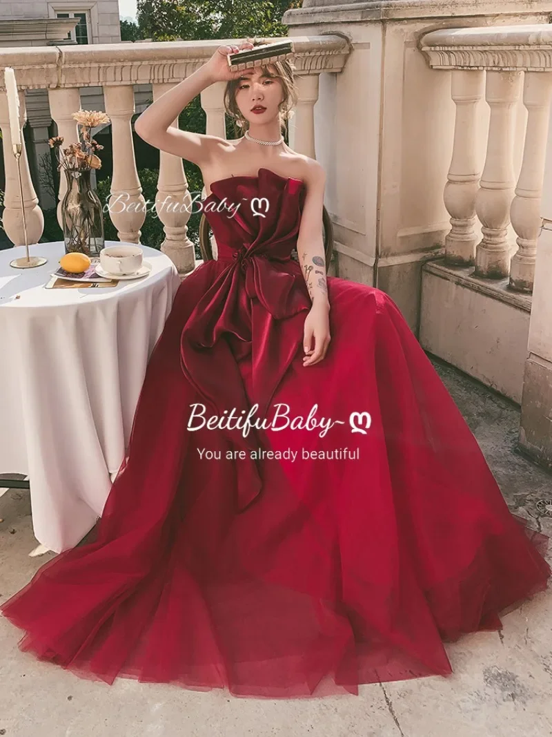 BeitifuBaby Evening Dress for Women Banquet Ball Strapless Pleat Neck Elegant Clothing Lace Long Skirts Lace-up Prom Dresses