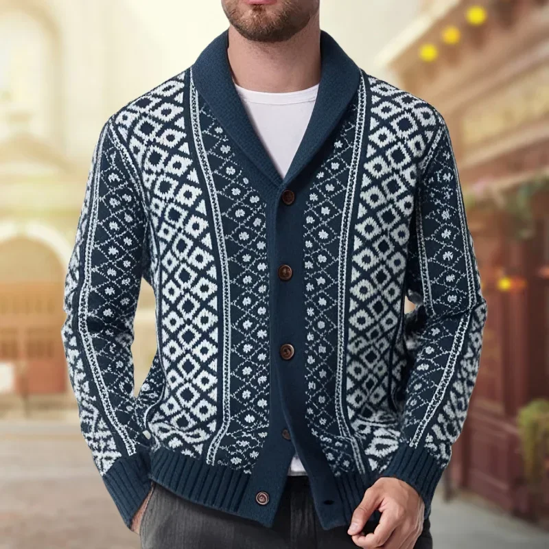 American Men's Retro Knitted Sweater, Fashionable and Versatile, Heavy-duty Jacquard, Shawl Collar, Casual Long-sleeved Jacket.