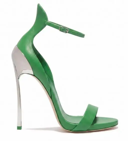 Women Red Green Matte Leather One Line Buckle Strap Sandals Sexy Sliver Metal Blade Heels High Heel Sandals Banquet Dress Shoes