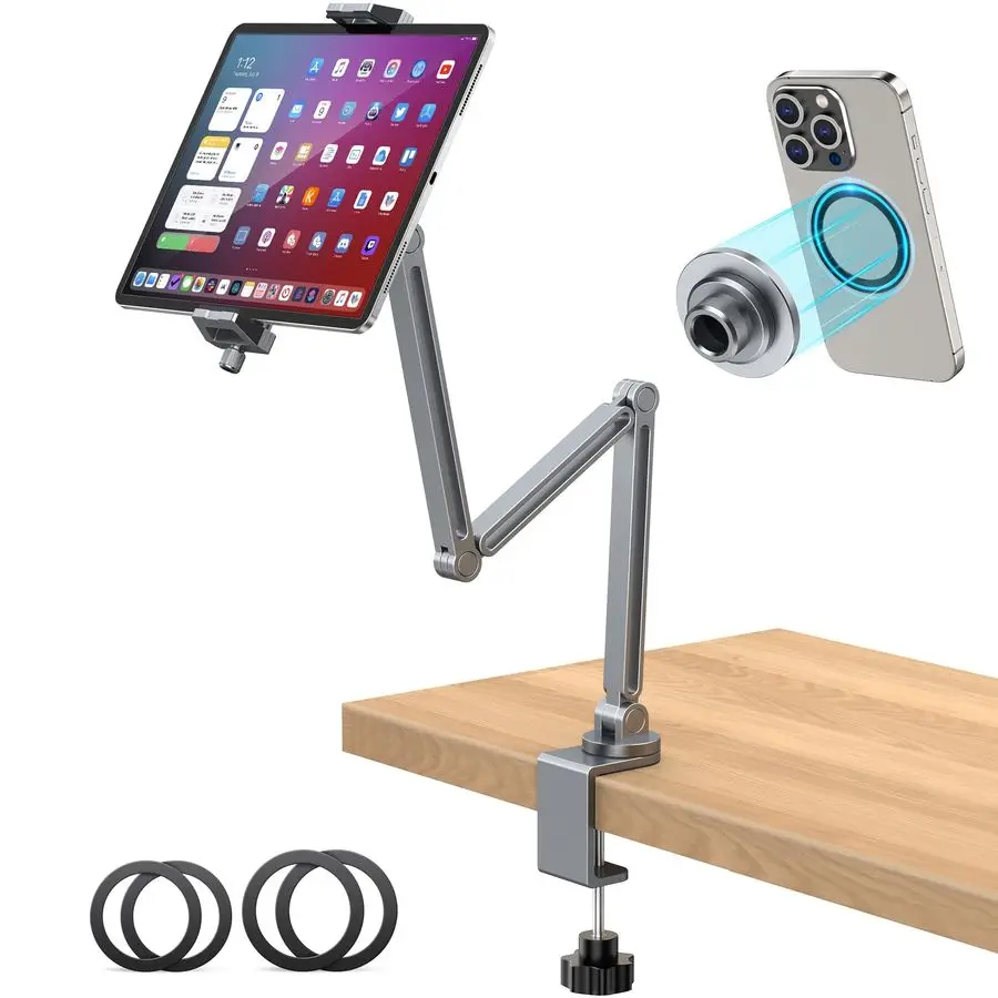 

2in1 iPad Stand for Desk, Aluminum iPad Holder Arm with Clamp amp Magnetic Ring Head, 360 Adjustable Tablet Stand Holder, Bed Cl