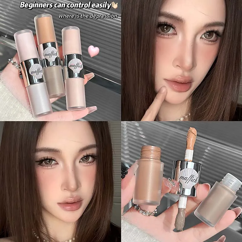 Doppelköpfiger Flüssig-Matt-Kontur-Highlighter, Glitzernder Natürlicher Bronzer, Konturierstift, Wasserfest, Graubrauner Nasenschatten-Make-up