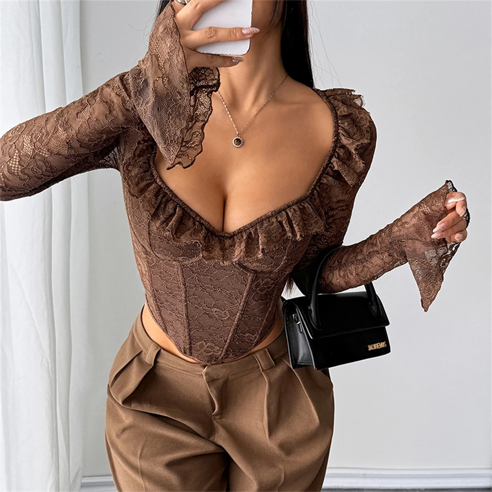 Becirzet Sexy Dessous Damen Spitzenkorsett Transparentes Schlankes Langarm-Mesh-Top Push-Up Bauchkontrolle Knochen-Bustier – Detail 23