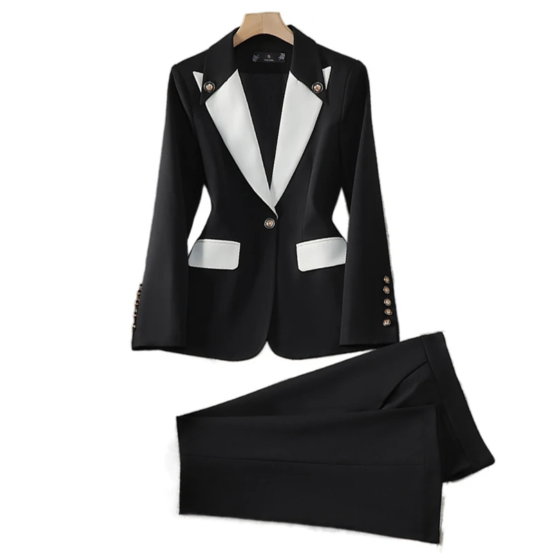 ZJYT Business Chic Women\'s Color Block Blazer Suits Pant Sets 2 Piece Formal Office Lady Outfit Plus Size Jacket Trousers Set