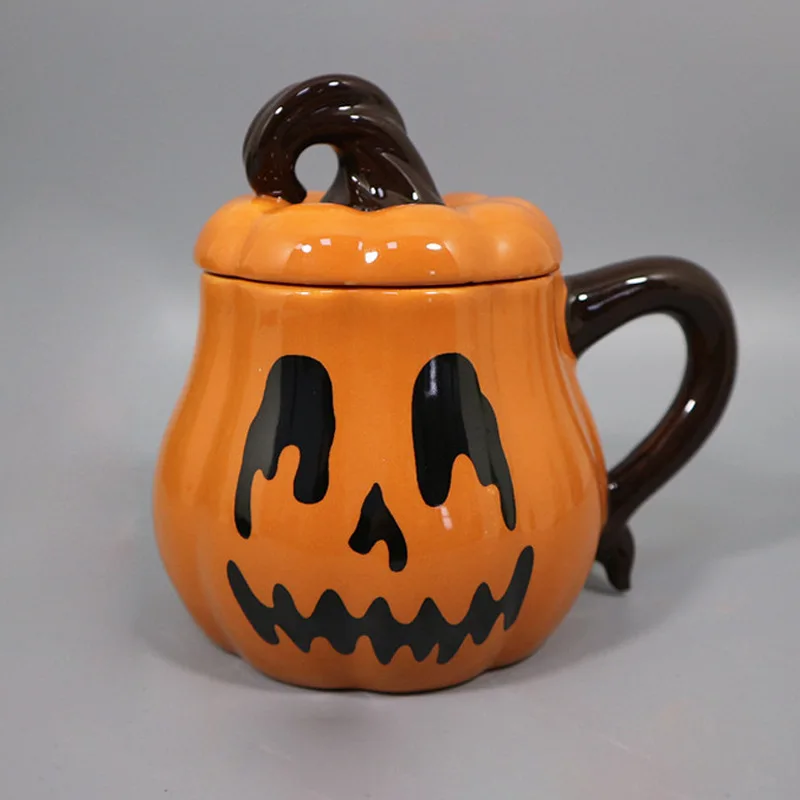 

Halloween Ceramic Mug Pumpkin Shaped Coffee Cup with Lid Halloween Tableware Cups