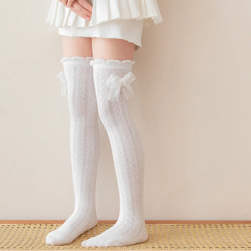 

Детские длинные носки до колена для девочек, однотонные, в японском стиле, с бантом, весенне-летние, дышащие, для детей 3-8 лет