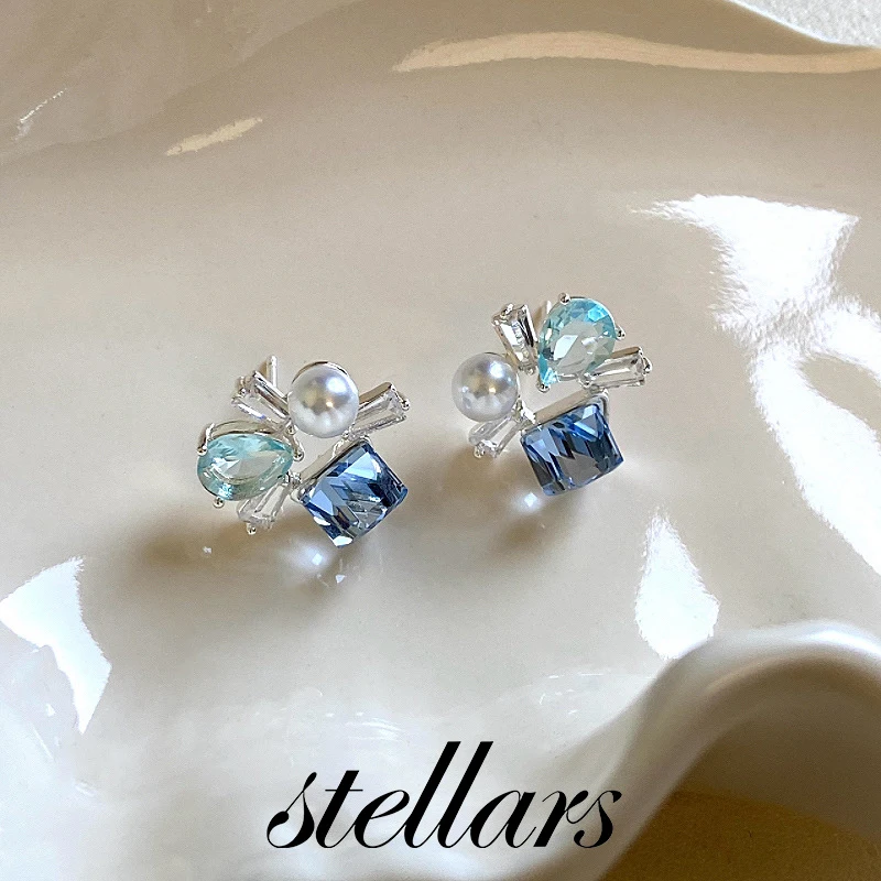 

Women's Ultra-Shiny Blue Pearl Zircon Stud Earrings Exquisitely Designed Dopamine-Inspired Sugar Cube Droplet Jewelry
