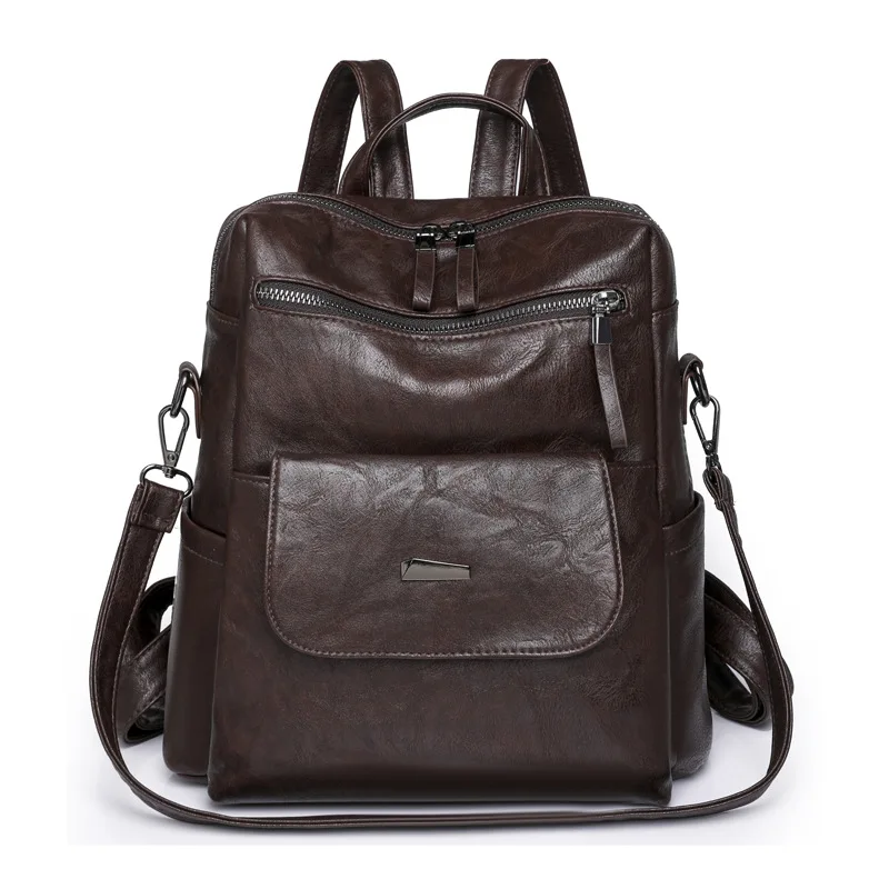 Large Capacity PU Leather Ladies Backpack Stylish Casual Travel School Bag Vintage Chic Girls Daypack Lightweight Multi Pocket