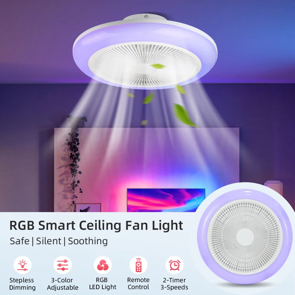 Lámparas de ventilador de techo LED RGB, luces de ventilador de techo con Control remoto silencioso regulable, iluminación inteligente LED para