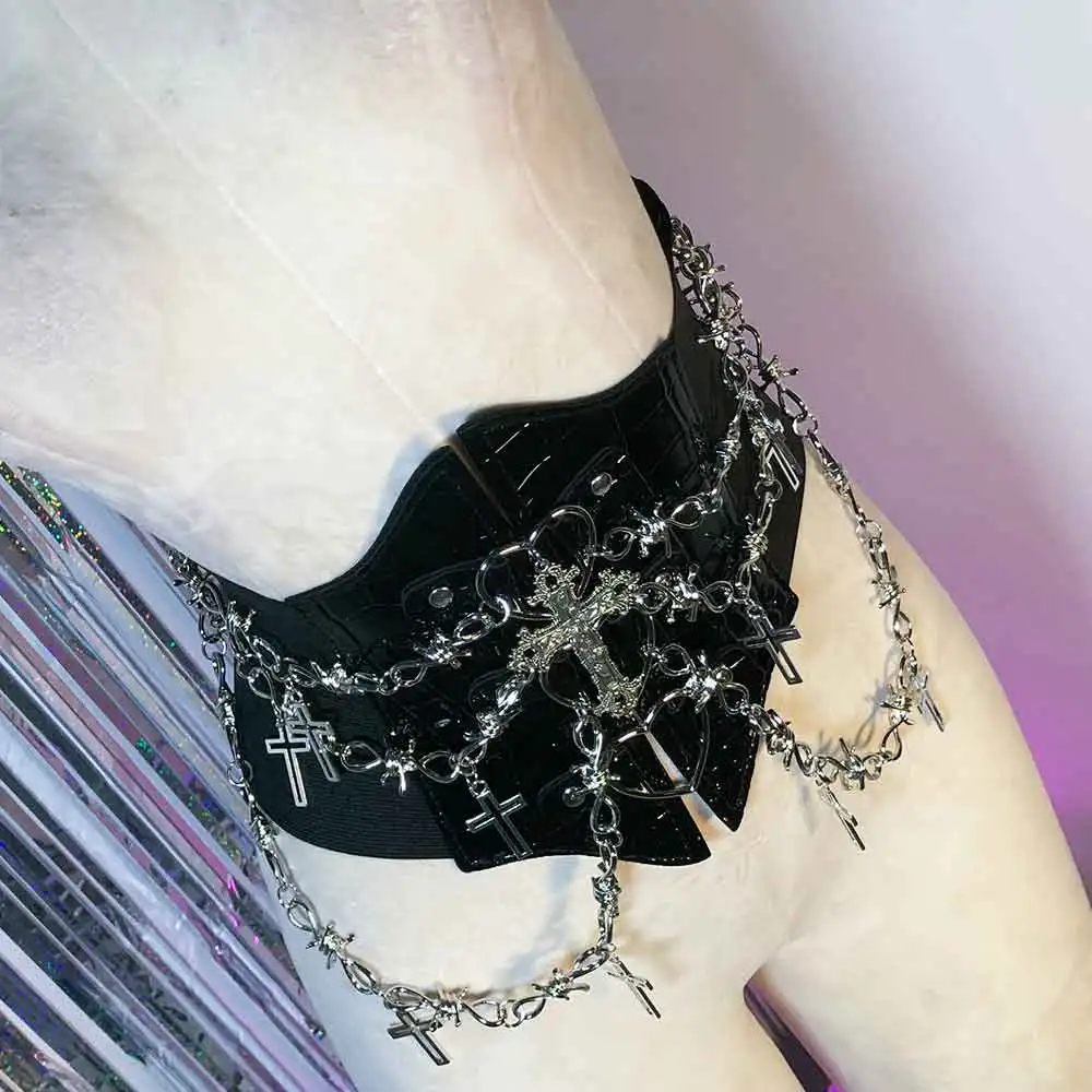 Teen Y2K Gothic Cross Grunge Vegan Leather Top with Chain Waistband for E-Girls Harajuku Emo Punk Rock Goth Rave Festival Style
