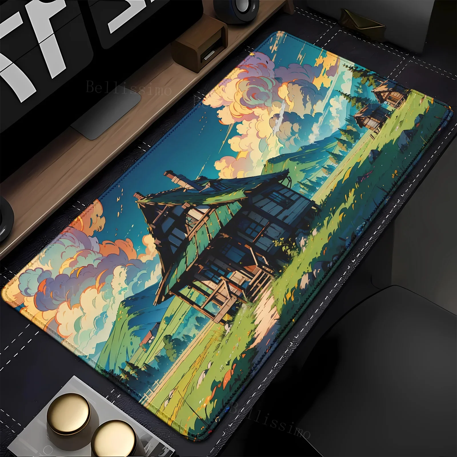 Ländliches Hütte Feldlandschaft Mauspad Landschaft Berg Sonnenuntergang Cartoon Teclado Mauspad XXL Erweiterter Computer Rutschfeste Schreibtischunterlage