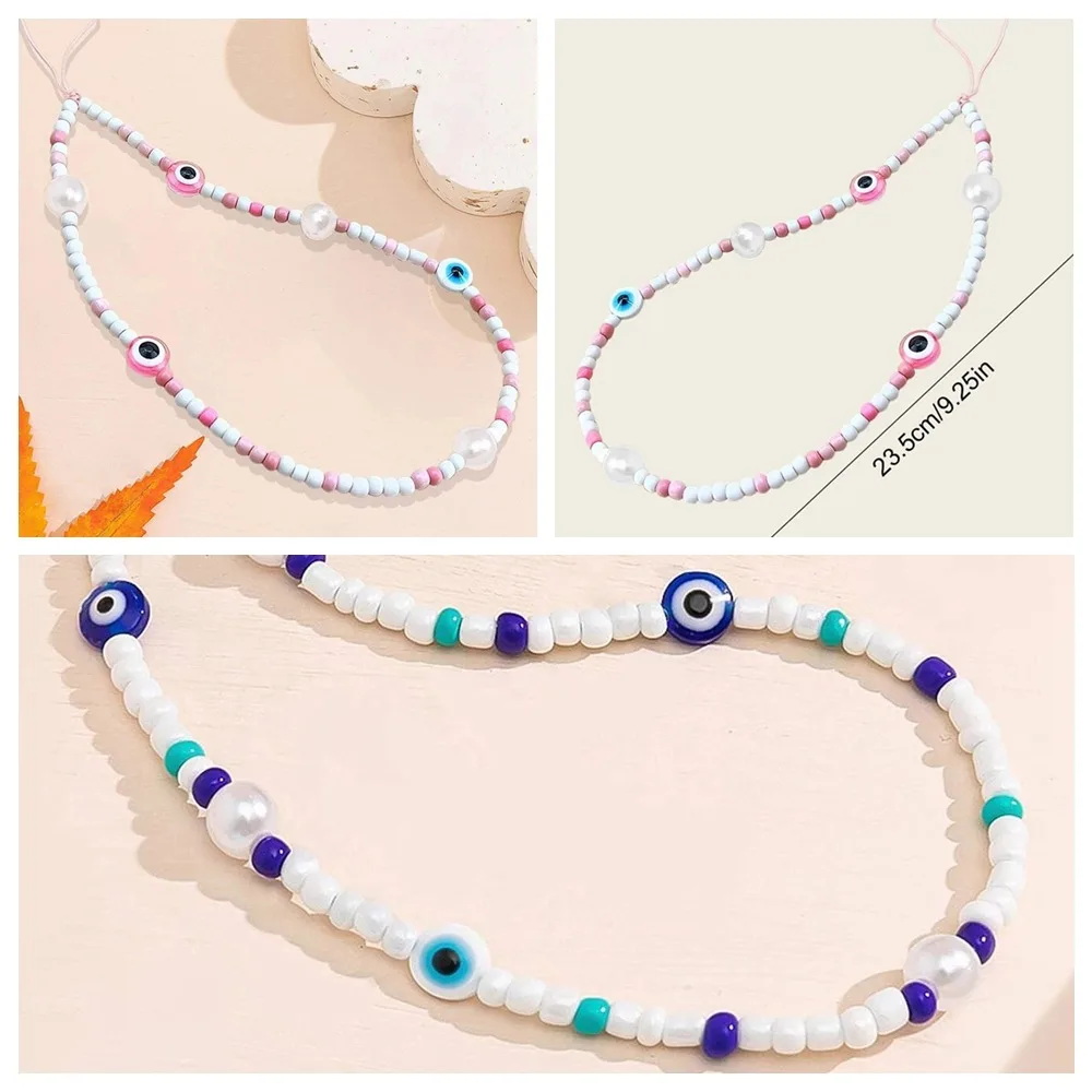 Devil Eye Blue Evil Eye Phone Chain Glass Rice Beads Pink Telephone Lanyard Charm Blue Fashion Cellphone Strap Keychain