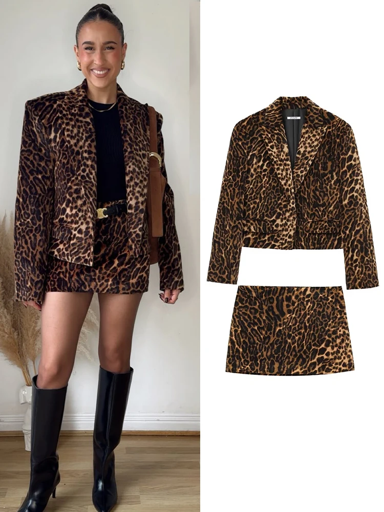 

TRAFZA Women Skirt Suit Leopard Print Lapel Pocket Decorate Short Coat+Fashion Casual High Waist Side Zipper Mini Skirt Mujer