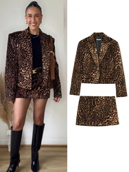 TRAFZA Women Skirt Suit Leopard Print Lapel Pocket Decorate Short Coat+Fashion Casual High Waist Side Zipper Mini Skirt Mujer