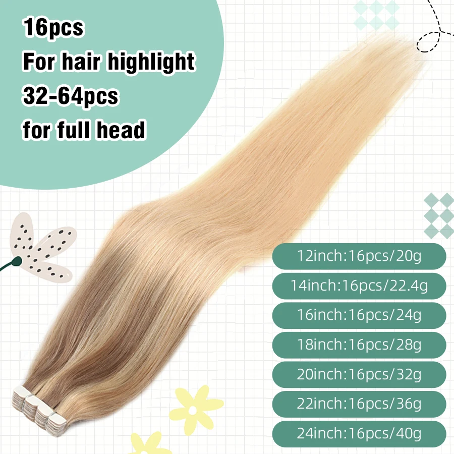 Vlasy 16pcs Mini Tape 100% Human Hair Extensions Strap Seamless Invisible Straight Wigs Long Hair For women 24 inches T Color