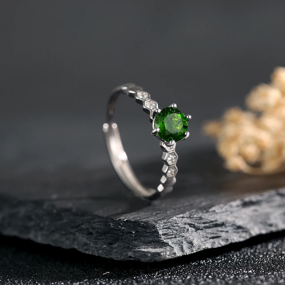 

Adjustable 925 Silver Ring 6.5mm Natural Diopside Round Cut Green Gemstone Stackable Band Bohemia Jewelry Gift for Women