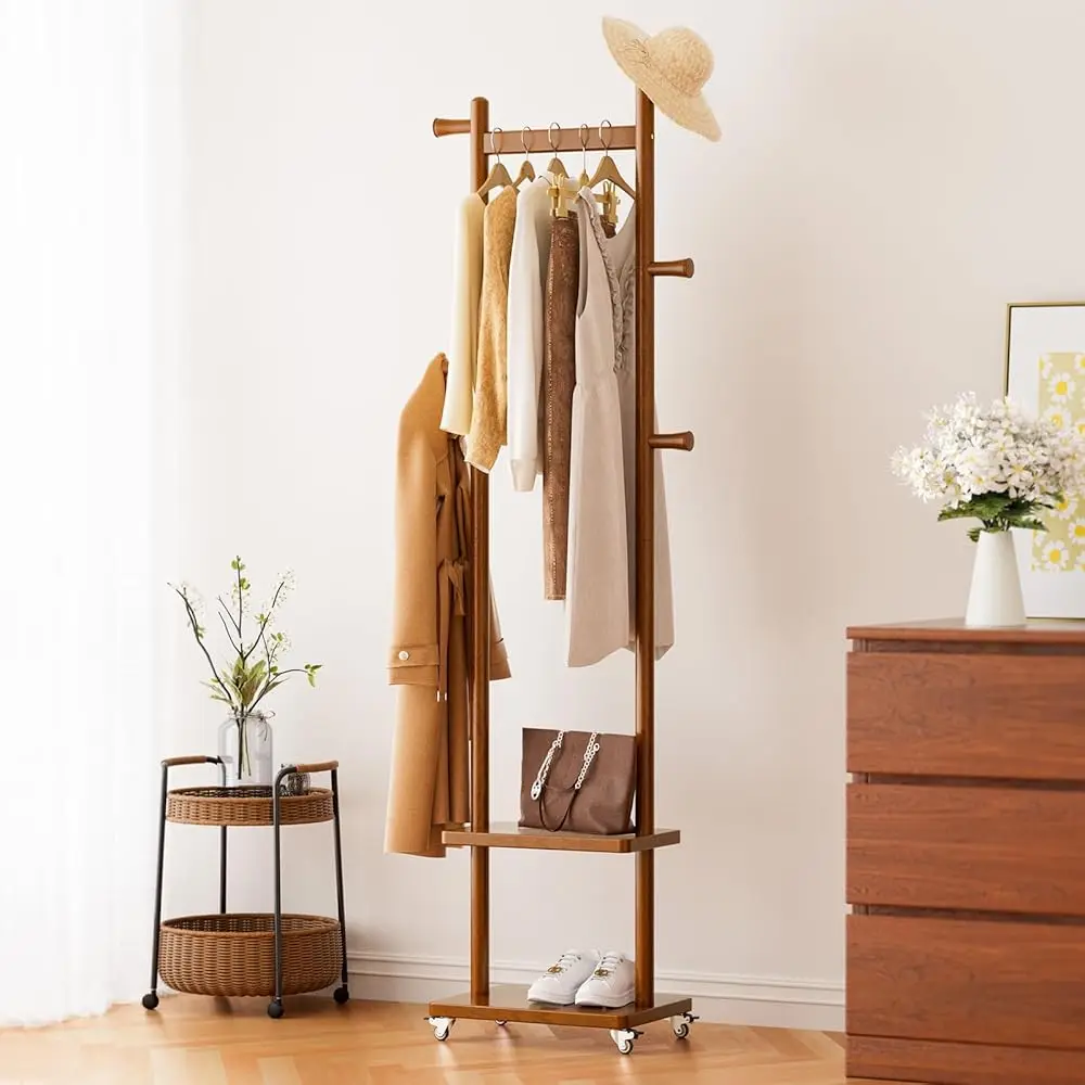 

Coat Rack,Freestanding Coat Racks, Heavy Duty Clothes Racks, Wood Coat Tree Stand Hat Hanger Ra With Wheels For Corner Bedroom