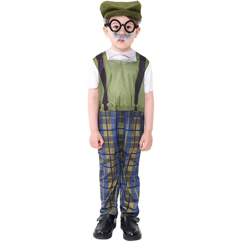 loween パフォーマンスコスチューム 子供用ロールプランとパジャンプスーツ 帽子とメガネ付きセット チェック柄パンツ ポリエステル繊維