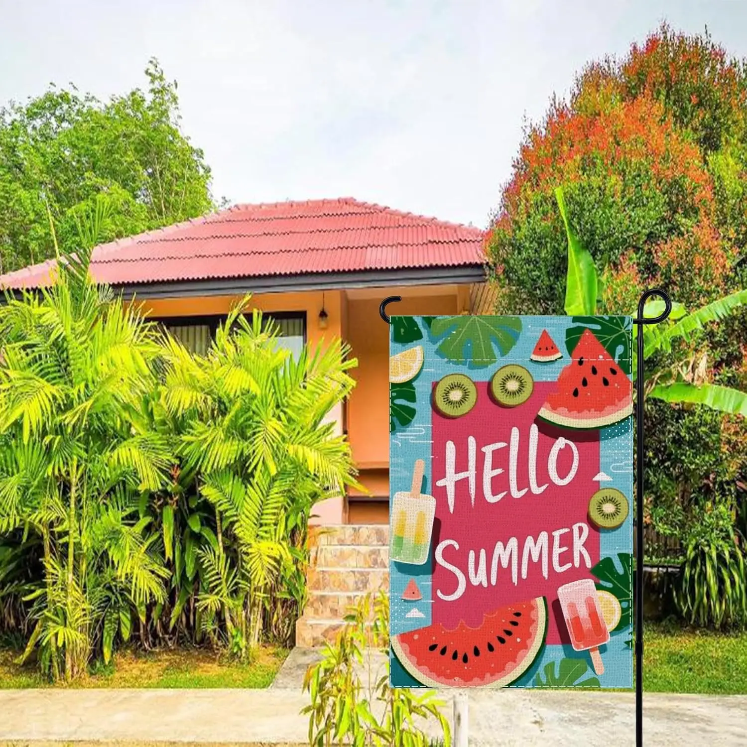 Summer Garden Flag 12x18 Hello Summer Watermelon Outdoor Decor Patio Summer Home Decorations Small Flags for Outside, Yard L GGO