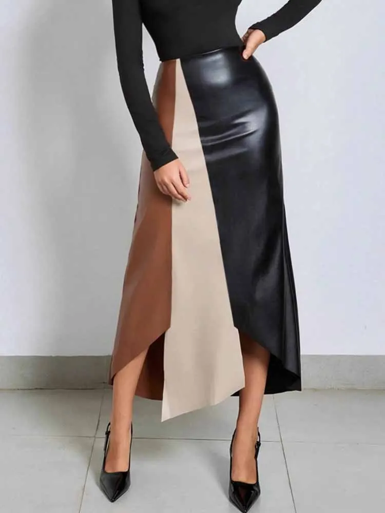 

BKQU Vintage Splicing Leather Skirt Women Irregular High Waist A-line Office Contrast Elegant Fashion Long Skirt 2025 Autumn New