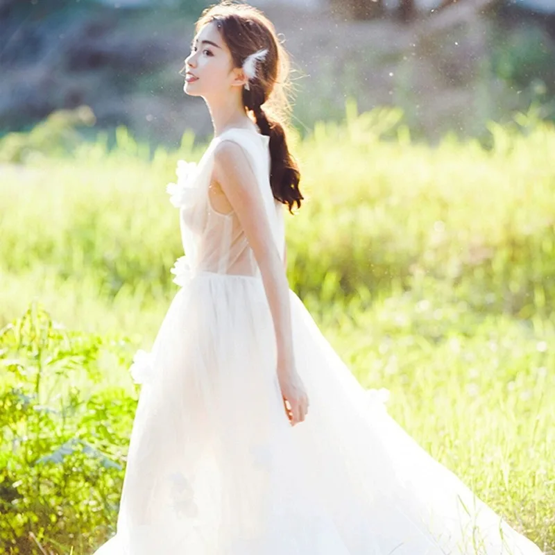 Robe de soirée de mariage pour femmes, douce et Simple, élégante, sans manches, avec des appliques, col en v, longue, robe de bal, ligne a, robes formelles blanches