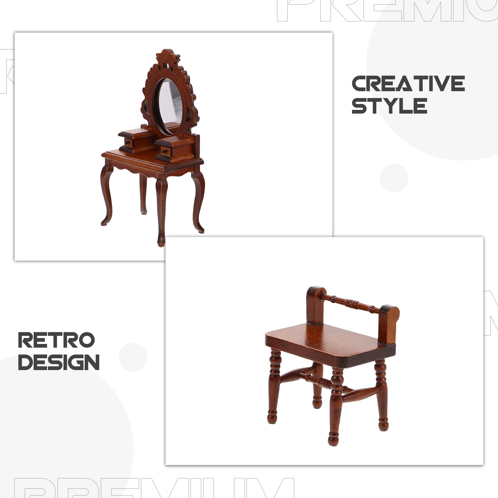 Affascinante tavolo da toeletta e sgabello in legno 1:12 Set di mobili in miniatura vintage per camere da letto di case delle bambole Gioco di ruolo creativo e