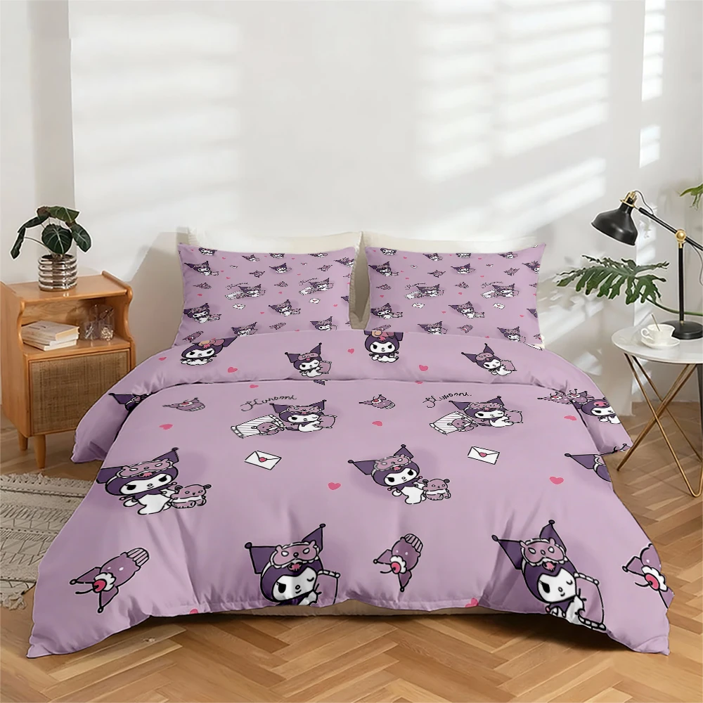 

3-Piece High-Definition Digital Print Bedding Set, Large Floral Pattern Duvet Cover Set with Kuromi Design, Includes 1 Duvet Cover + 2 Pillowcases, Suitable for Bedroom, Guest Room, Home Decoration, Polyester Fiber Duvet Cover + Pillowcases, Ultra-Soft Be