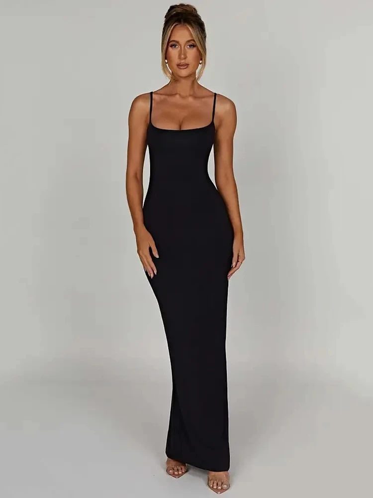 Mozision Spaghetti Strap Backless Bodycon Maxi Dress Women Autumn New Thickened Fabric Sleeveless Club Party Sexy Long Dress