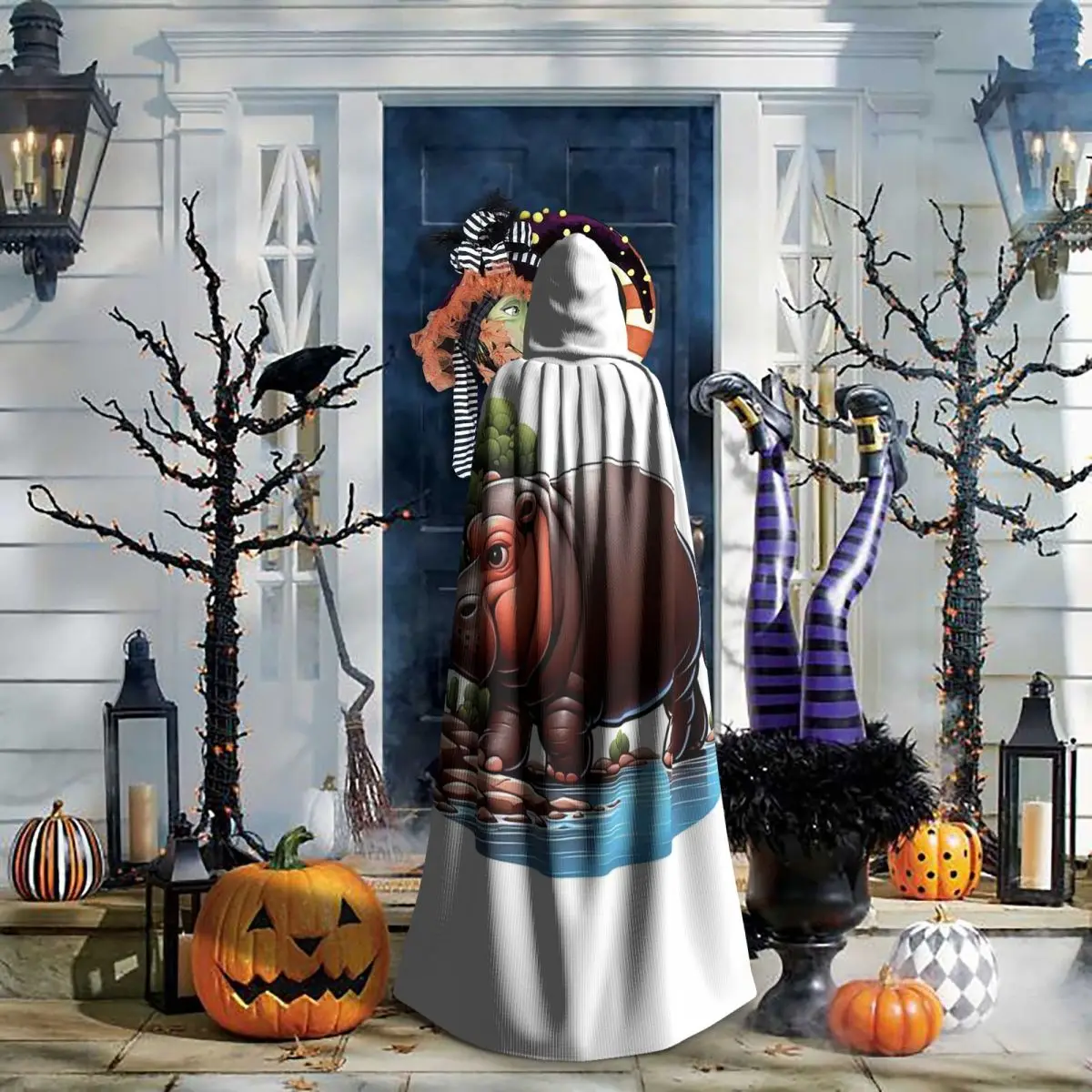 Capa Larga con Capucha de Bruja, Disfraz Medieval, Capa de Cosplay, Abrigo de Halloween, Unisex para Adultos, con Diseño de Hipopótamo Pigmás Caminando Junto al Río