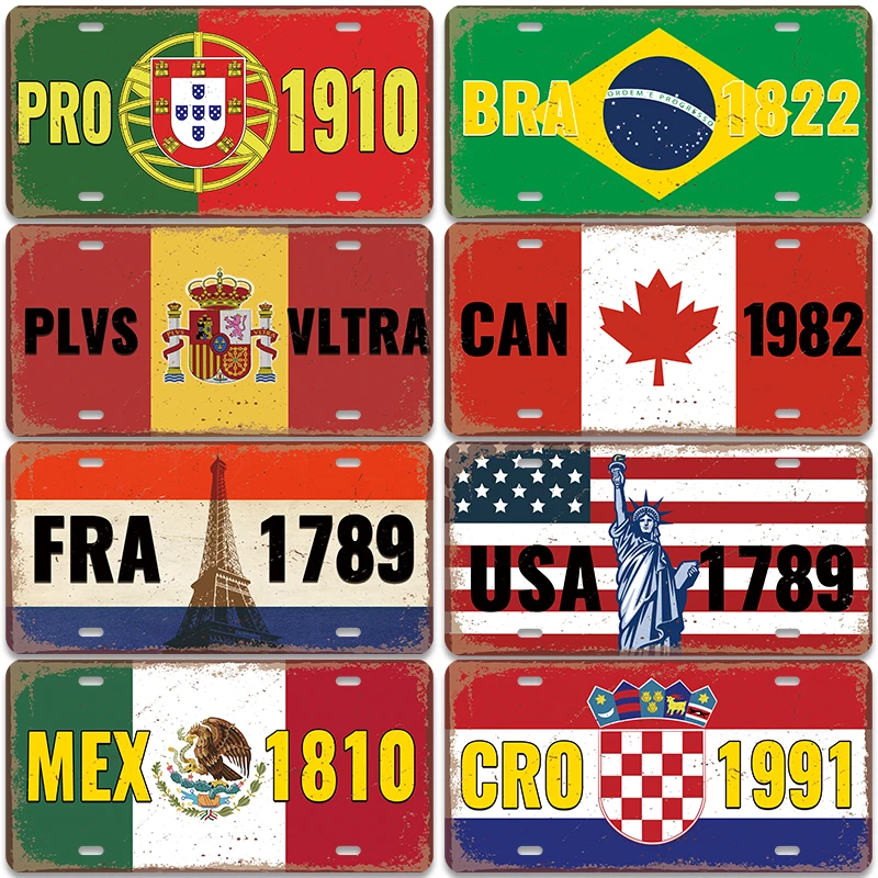 Landflagge Nummernschild Metallschild Vintage Frankreich USA Brasilien Plakette Blechschilder Retro Wanddekoration für Bar Pub Club