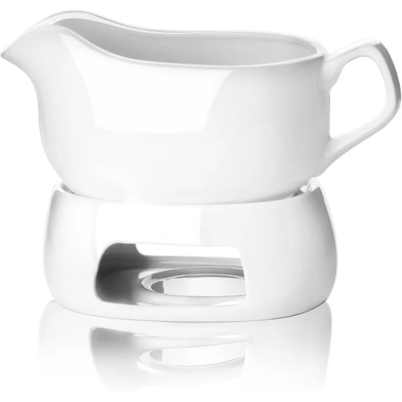 

20 Oz Gravy Boat with Warmer, White Fine Porcelain Saucier with Big Dripless Lip Spout, Gravy Bowl For Thanksgiving