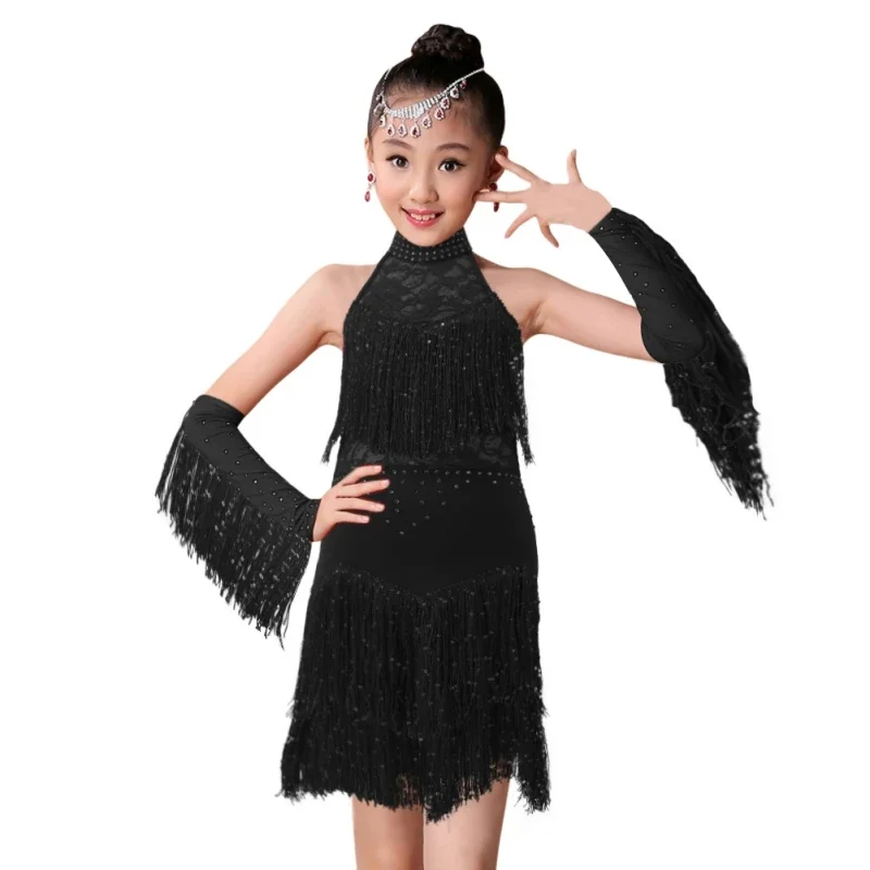 Girls Sequin Latin Dance Skirt Tassel Dress Kid Children Fashion Cha Cha Salsa Tango Dance Outfit Stage Costume