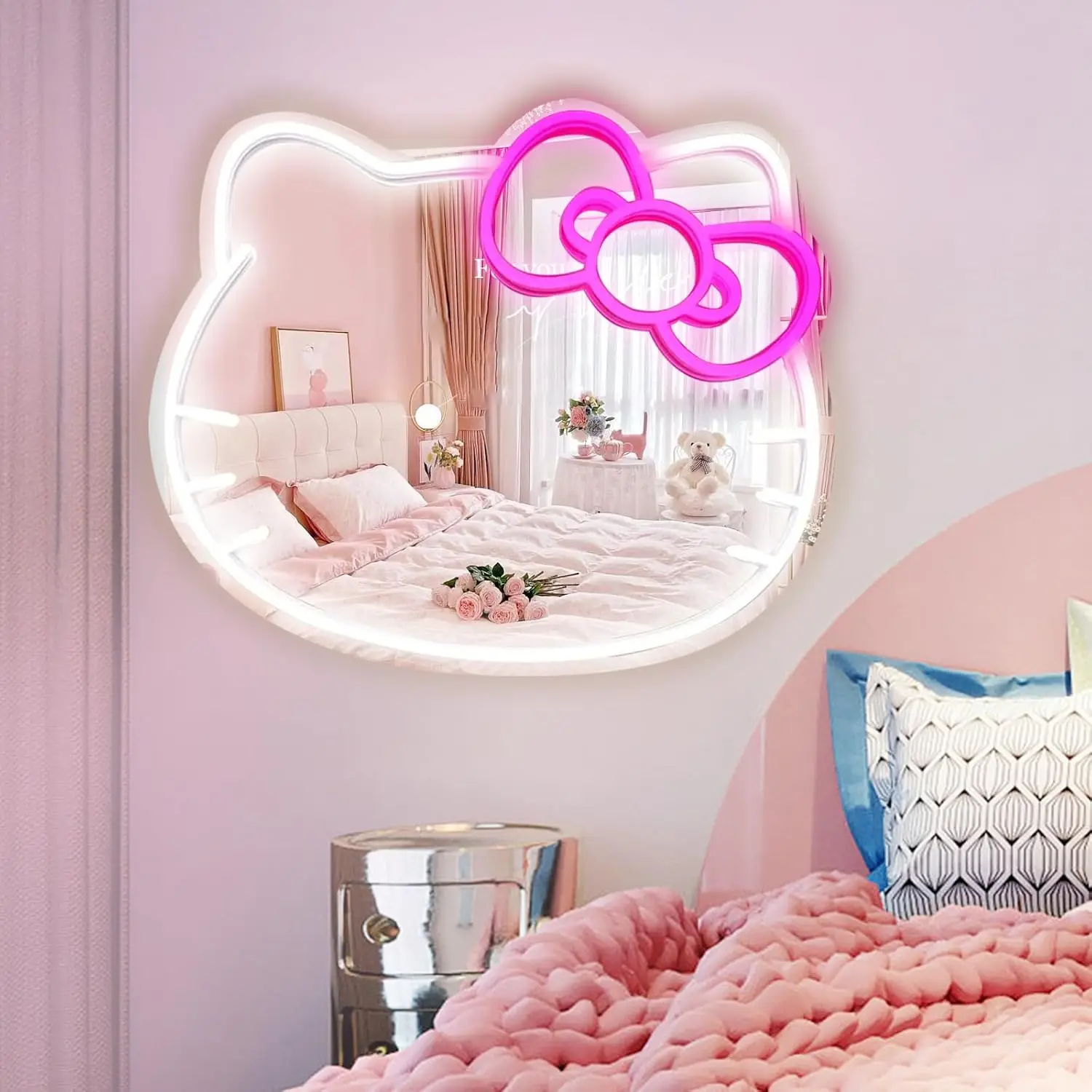 Anime Hello Kit Mirror Neon Signs USB Powered LED Neon Lighjts for Wall Decor Teen Girls Gift Makeup Mirror Room Decoration