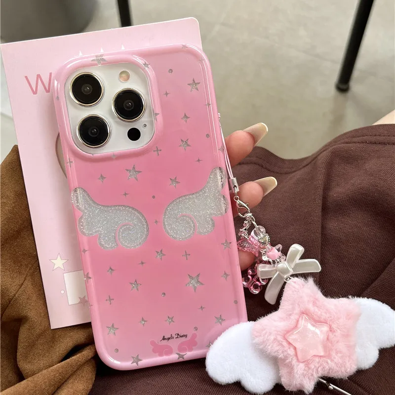 لطيف التدرج قوس قزح الكرتون ستار أجنحة الملاك بريق جراب هاتف آيفون 13 14 15 16 برو ماكس شعر رقيق ستاردست الكروب