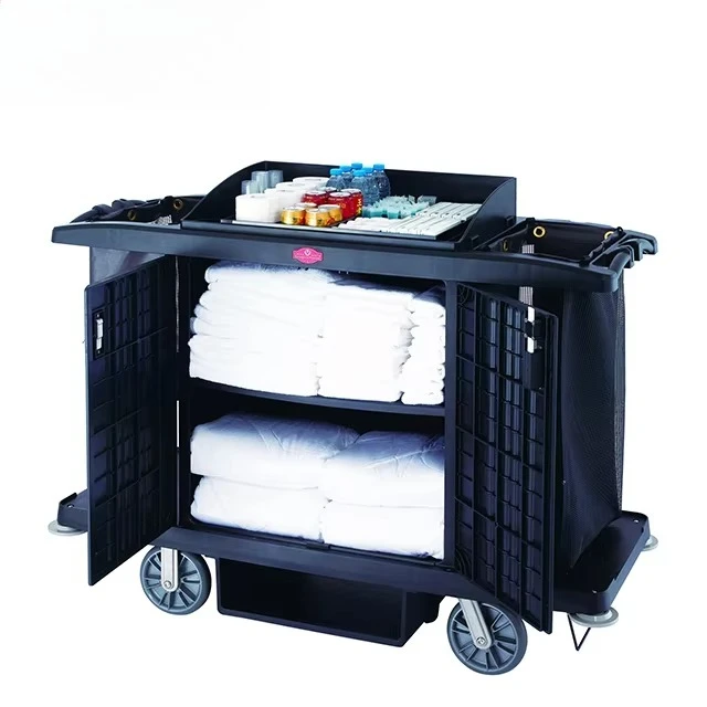 GNF Hotel Multifunctional Plastic Housekeeping Trolley Room Service Cleaning Maid Cart with Door