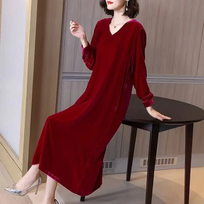 

Golden Velvet Autumn Dress Loose 2025 New Light Luxury Senior Mom Long Sleeve Skirt vestidos de mujer