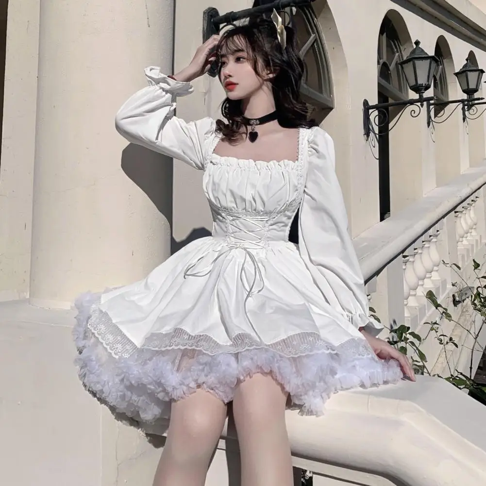 Sweet Lolita Style Dress Lolita Style Princess Dress with Pleated Shirring Square Neck A-line Puff Sleeves Lace Detail for Women