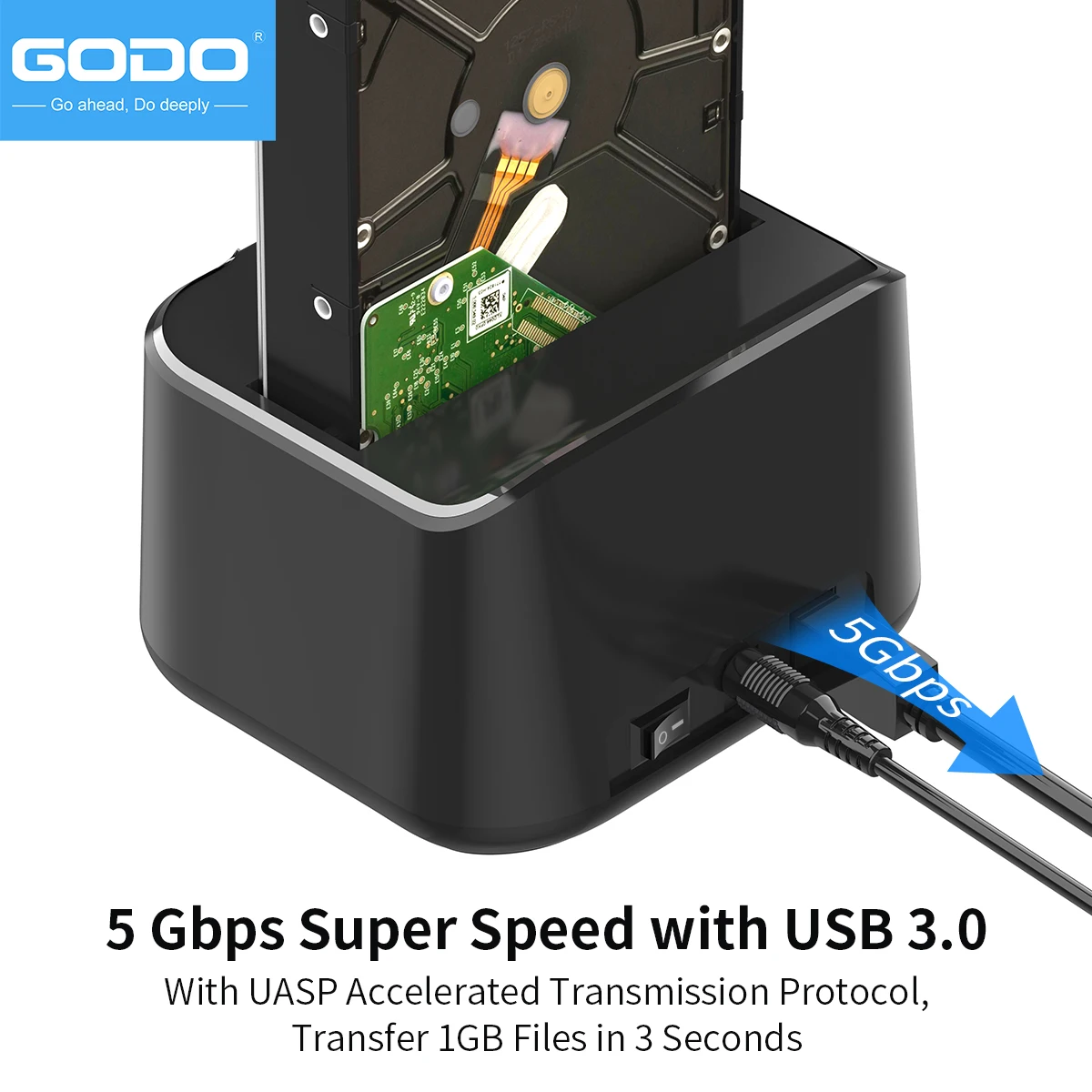 GODO Docking station per disco rigido singolo da USB 3.0 a SATA III per HDD SSD da 2,5/3,5 pollici, dock per disco rigido esterno con UASP (5 Gbps)