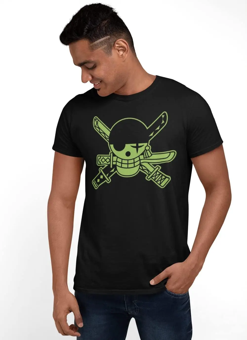 One Piece Men's Short Sleeve T-Shirt Roronoa Zoro Jolly Roger Skull Mark Flag Neon Officially Licensed