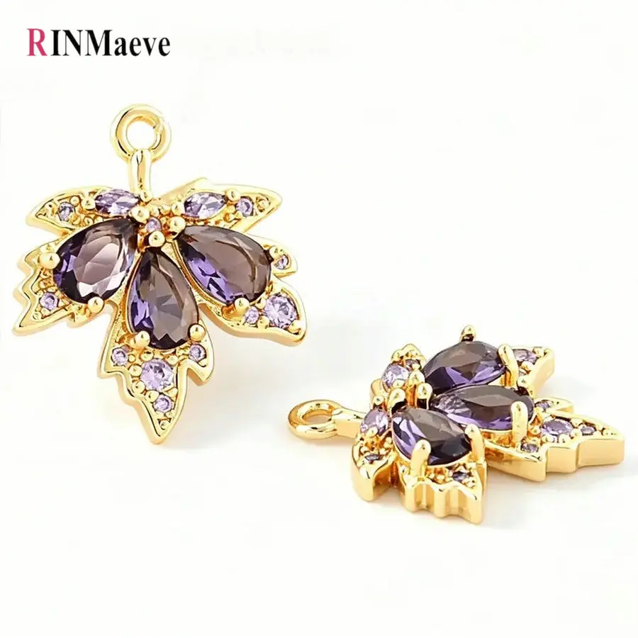 4PCS 17*20MM Maple leaves Charms Pendants 18K Gold Color Brass with Zircon Bracelet Necklace Jewelry Making Supplies Accessories