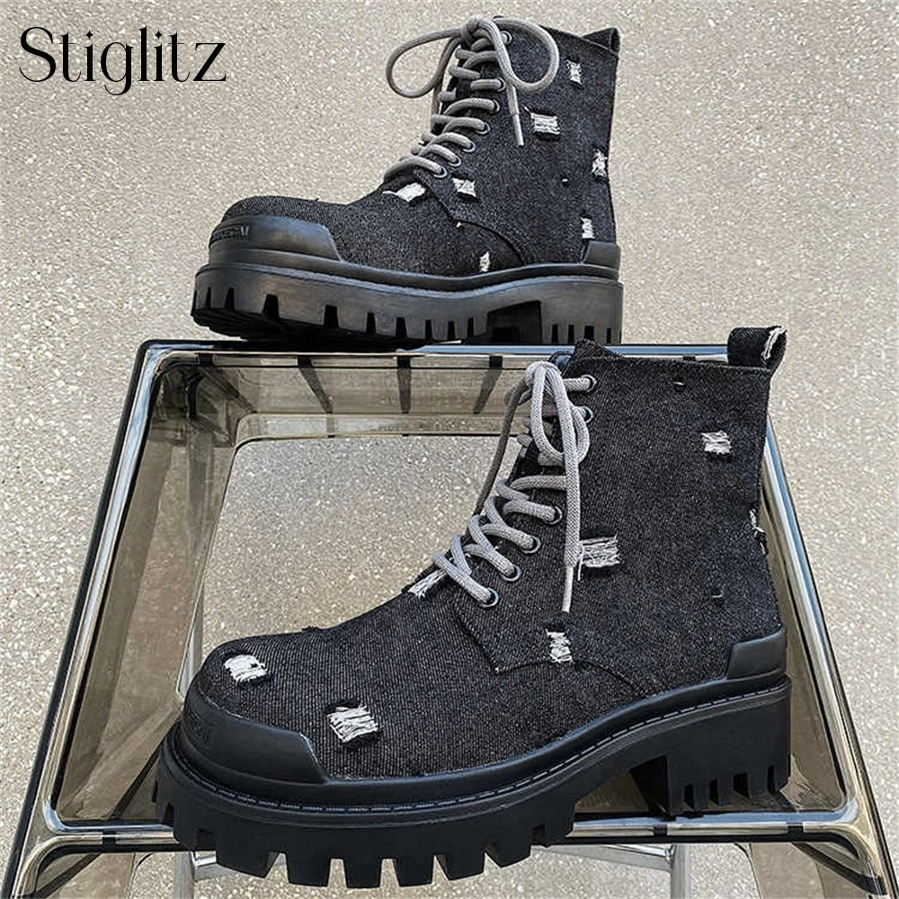 Black Denim Ripped Ankle Boots Round Toe Lace up Boots Fashionable Punk Style Modern Short Boots for Men Designer Style Booties