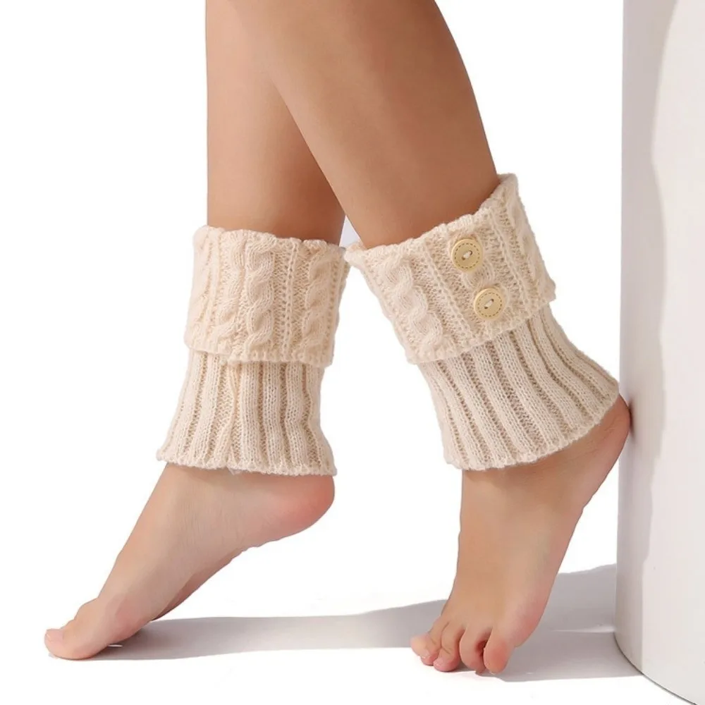 Short Crochet Knitted Boot Sock Sleeves Cable Knit Foot Cover Leg Warmers Solid Color Soft Turned-up Button Socks Autumn