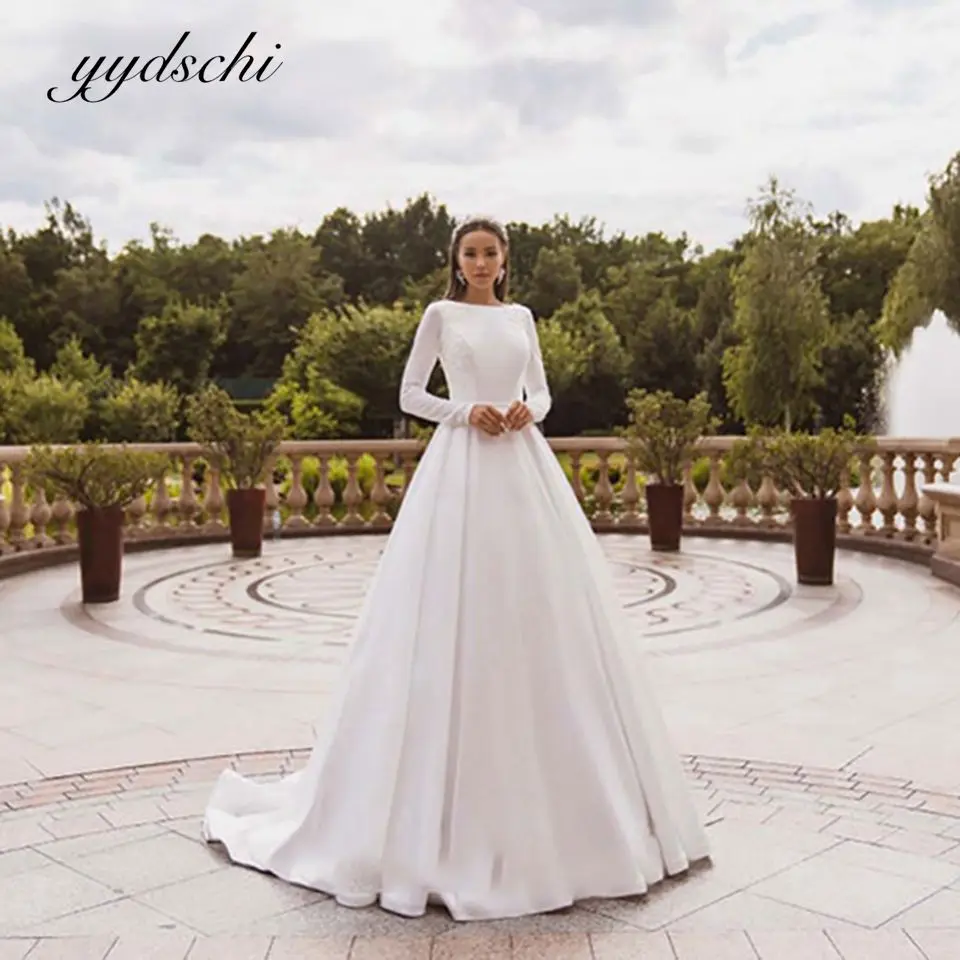 

2022 Elegant Satin Wedding Dresses Long Sleeves Lace Bride Gown Muslim Button Back Simple Ball Gown For Women Veestidos De Novia