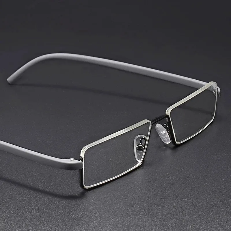 Anti-Blaulicht-Lesebrille für Herren, Retro-Metall-Halbrahmen, quadratische Presbyopie-Brille für Unternehmen, +125+175+225+275 – Detail 3